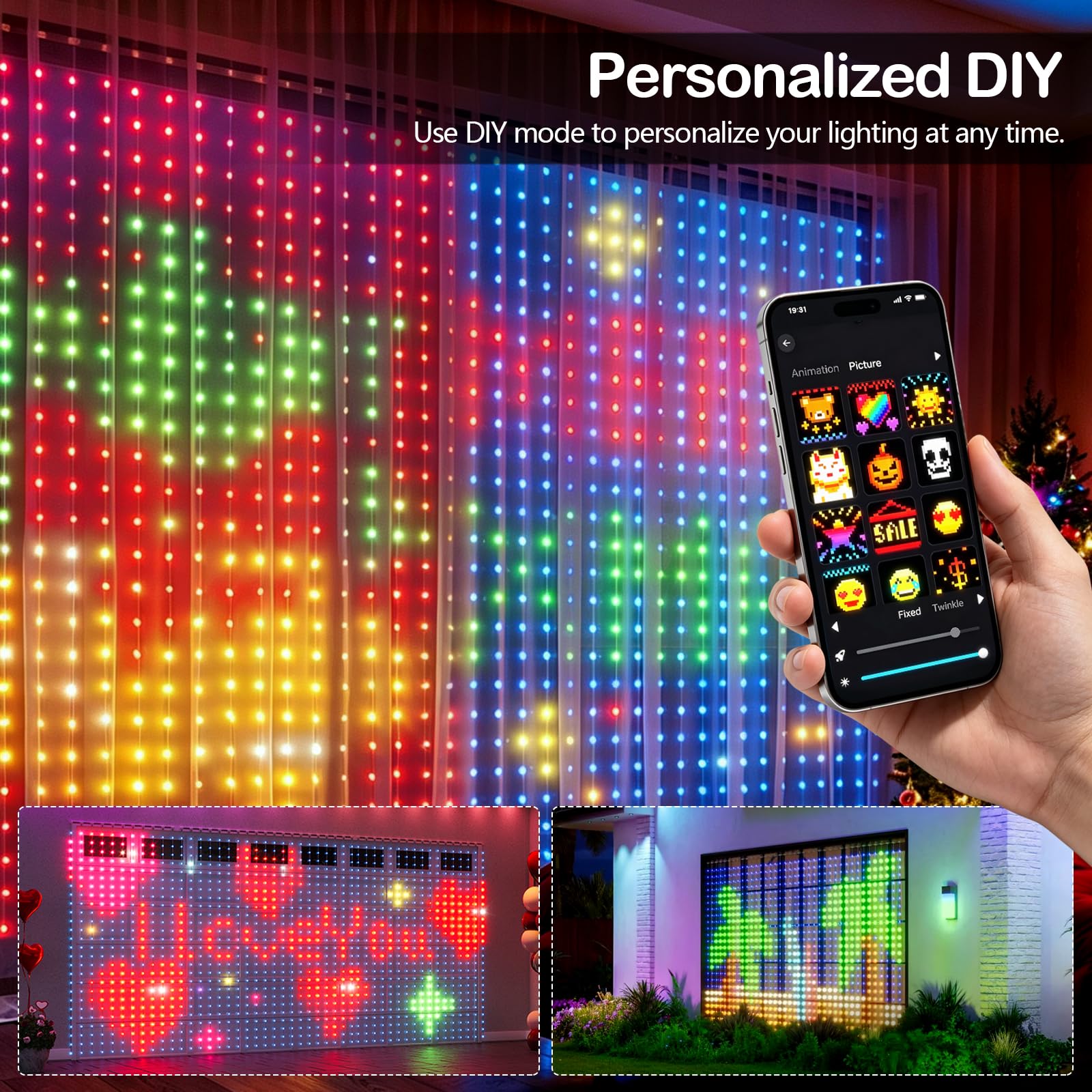Guirlande Lumineuse Chambre, 2x2M Rideau Lumineux 400 LED, Contrôle à APP et Télécommande, Sync Musique Guirlandes USB pour Décoration Intérieur Fenêtre Mariage Noël Halloween