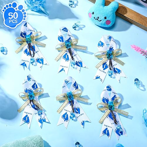 Miniatura 4 de Jexine 50 piezas de broche con lazo para baby shower, broche de cinta con chupete azul y oso para decoración de fiesta de revelación de género,