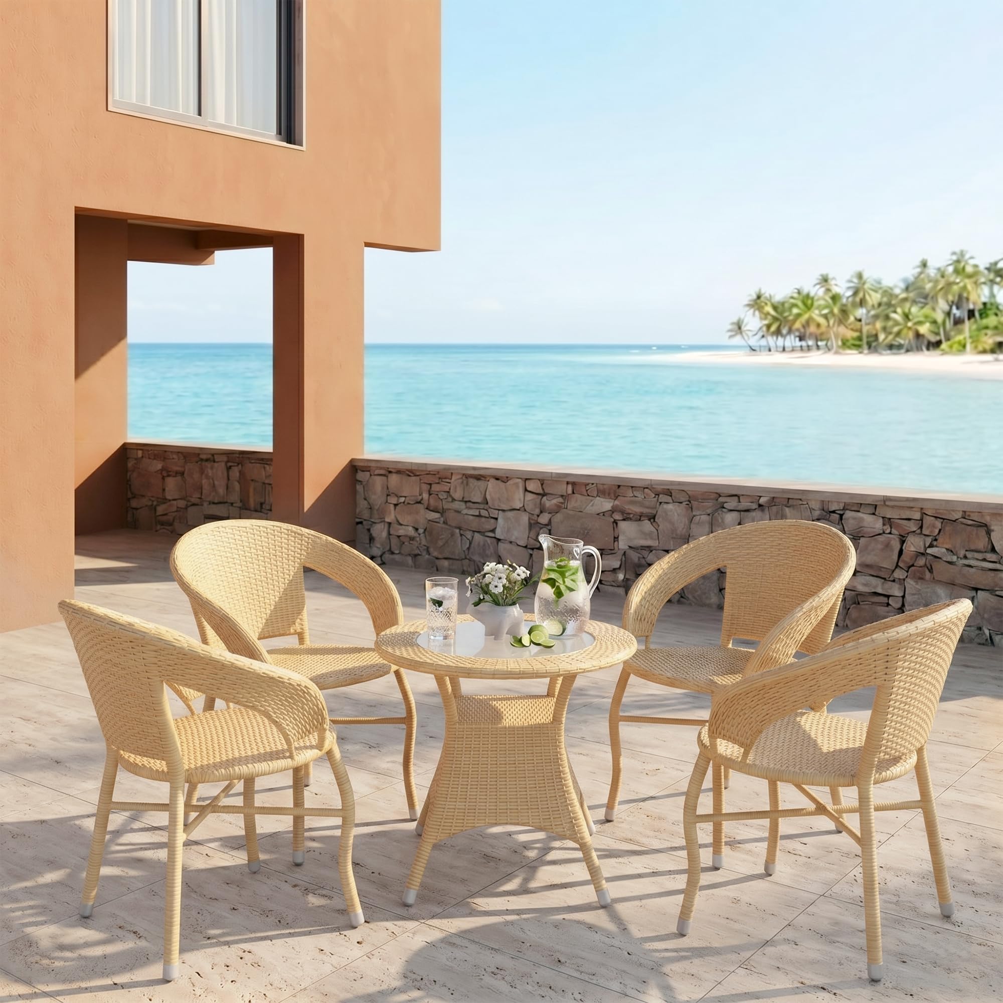 OUTLIVING 5-Piece Outdoor Rattan Wicker Patio Coffee Table Set | Garden Furniture for Balcony, Terrace, Poolside & Porch | Waterproof Bistro Sets for Home & Backyard (Cream)