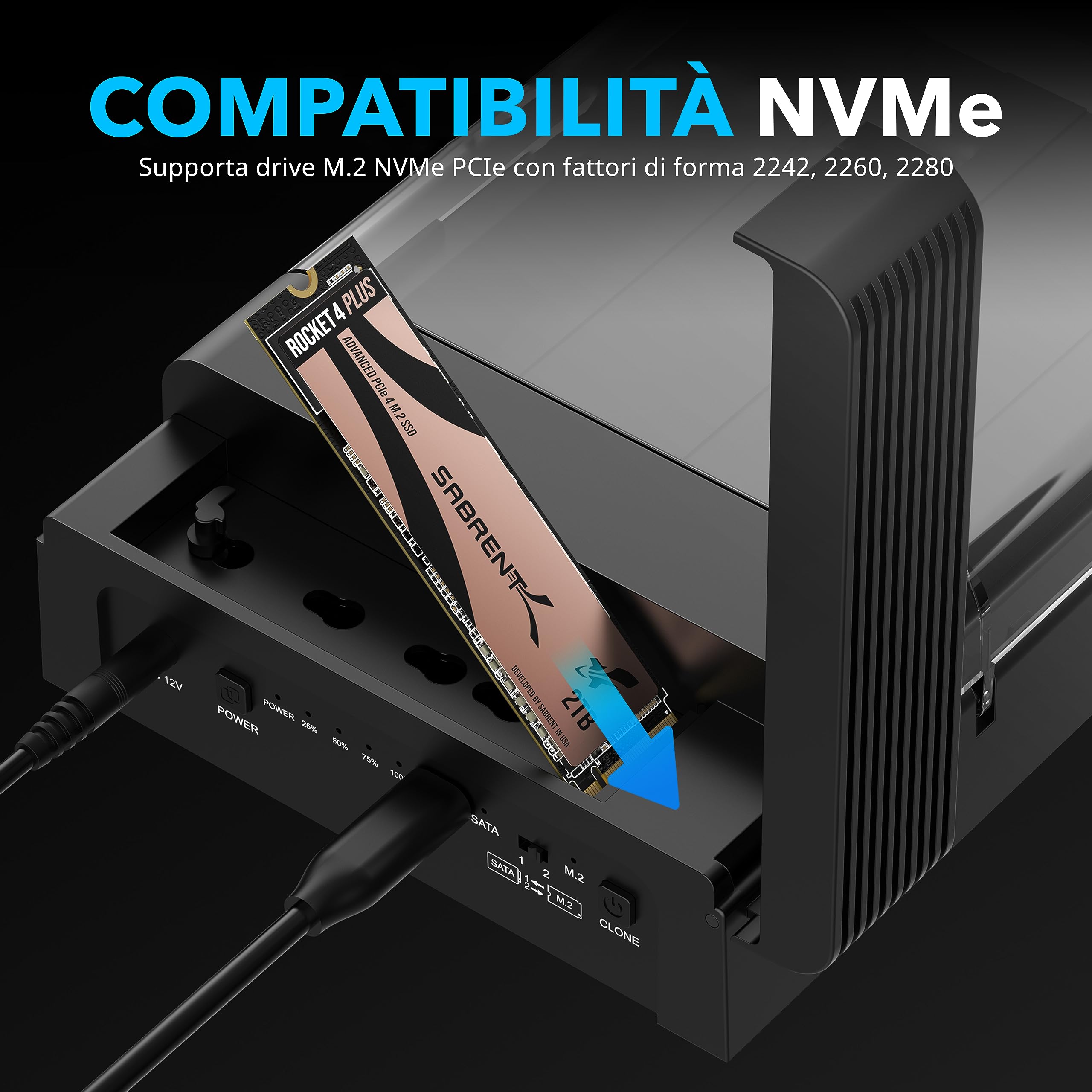 SABRENT M.2 NVMe + docking station per disco rigido SATA, SSD HDD 2,5" 3,5" SATA case dock & M2 PCIe external SSD enclosure + adattatore di alimentazione, con Offline Clone, senza attrezzi (DS-UFNC)