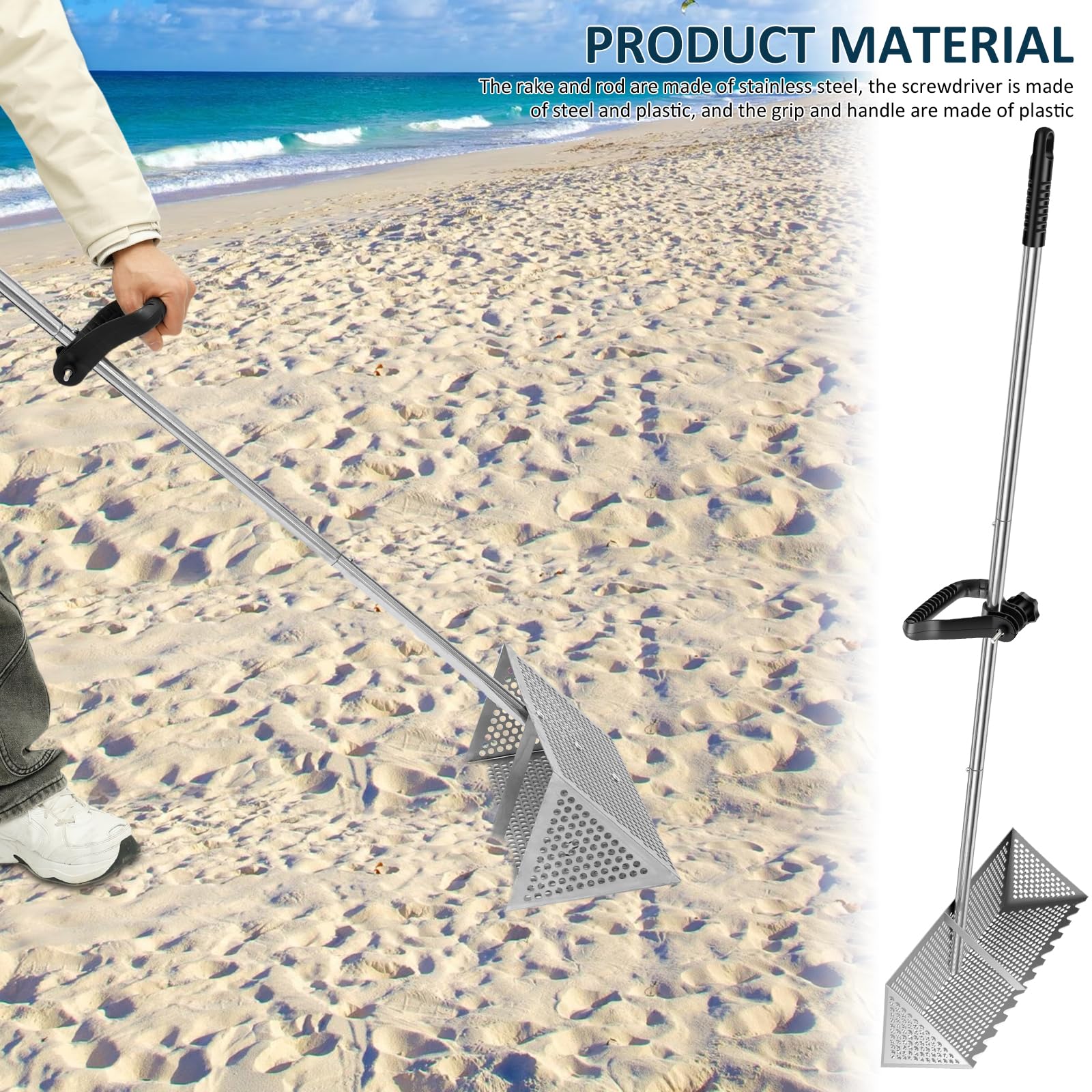 Rastrillo para pulgas de arena, tamiz de arena de playa de acero inoxidable con cesta de 40 cm de ancho, mango largo desmontable, herramienta de pala de cangrejo para encontrar