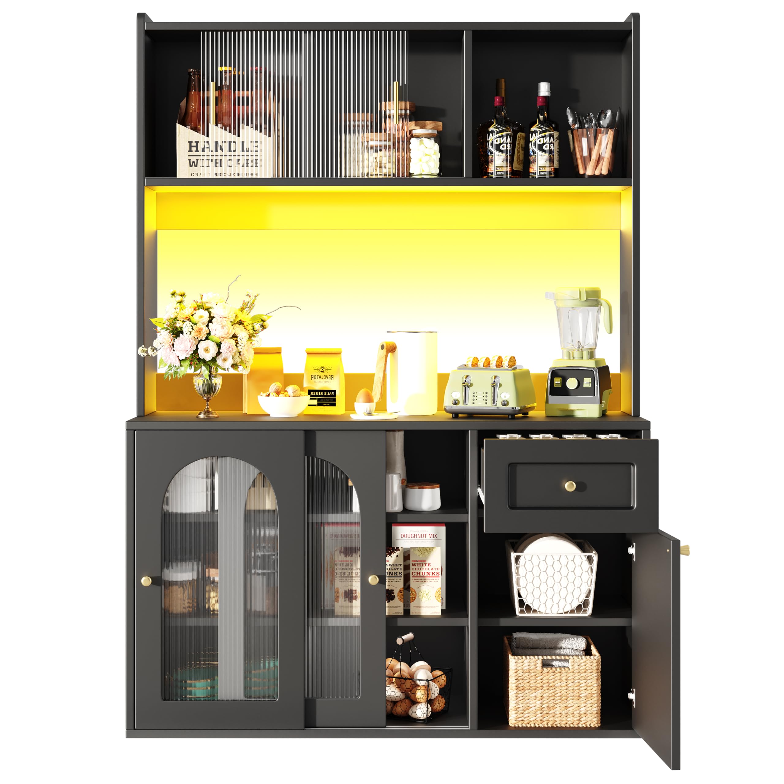 Armadio da cucina, armadio alto, vetrina, credenza da buffet con ripiani regolabili, armadio da sala da pranzo, credenza con illuminazione a LED, Nero