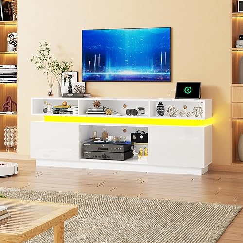 Miniatura 6 de Soporte de TV LED para TV de 80 pulgadas, moderno centro de entretenimiento alto con tomas de corriente, soporte de TV de alto brillo, consola