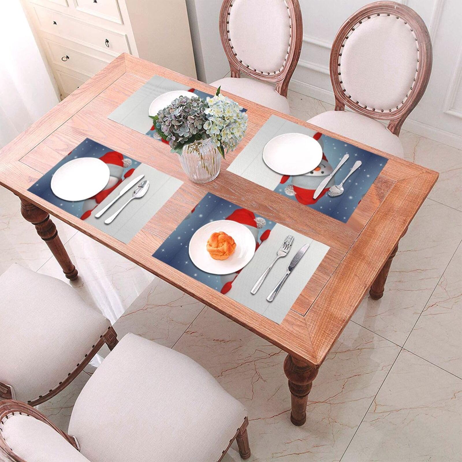 Divertido juego de manteles individuales tejidos con patrón navideño (6 piezas), adecuado para mesas de comedor familiares, banquetes de hotel y decoración de cocina.