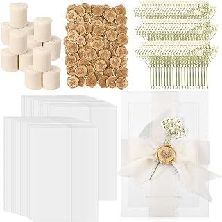 Fuyoooo 60-Pack Wedding Invitations Wraps: Pre-Folded Vellum Jackets, Gold Wax Seals, Dried Baby's Breath Flowers & Silk Ribbons for 5x7 DIY