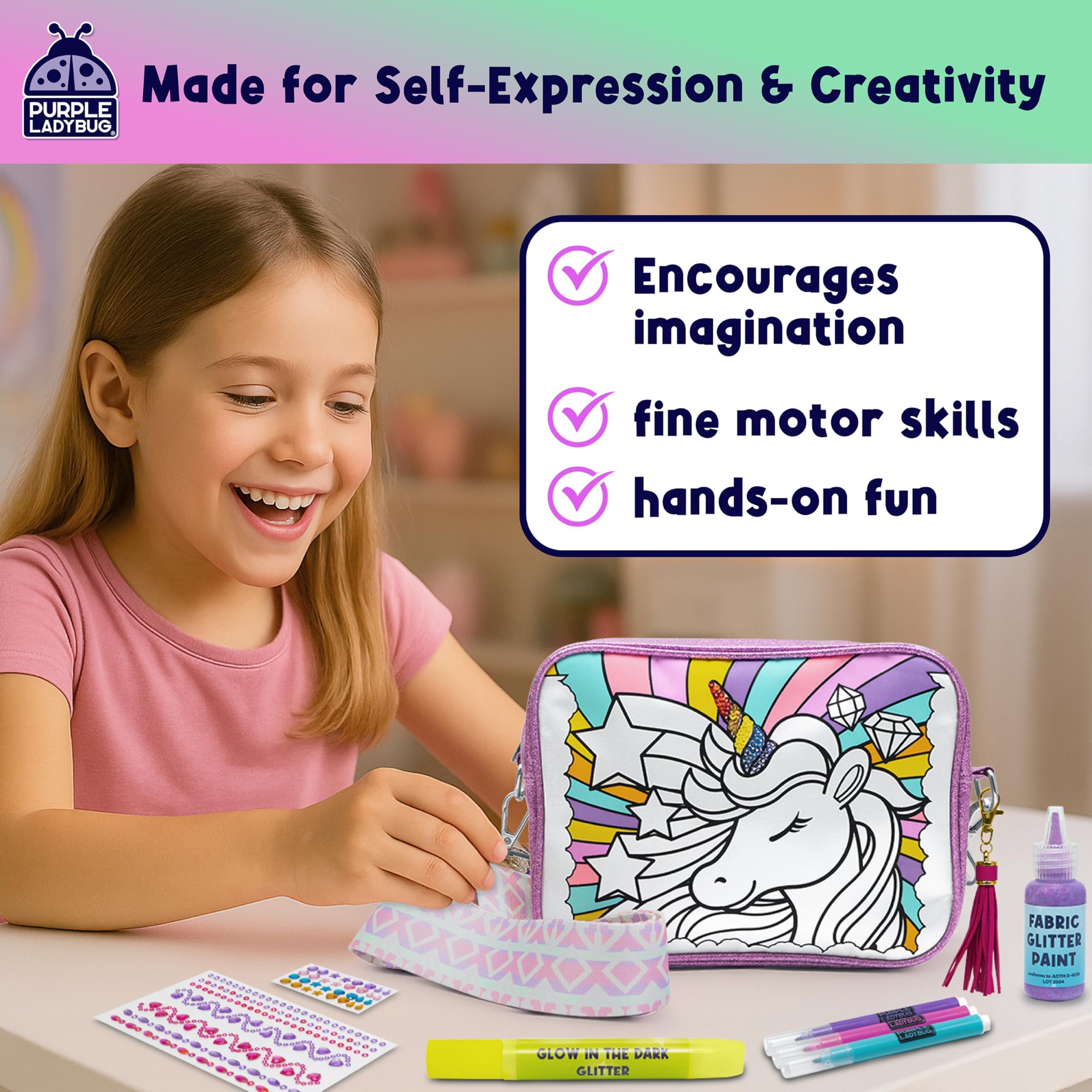 Decora tu propio kit de bolsa cruzada de unicornio, regalos de Navidad para niñas con bolígrafo con purpurina que brilla en la oscuridad, calcomanías de gemas y pintura de tela, ideas de regalo de 4
