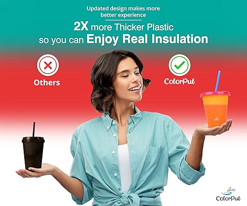 Miniatura 2 de Vasos para niños con pajitas y tapas, 9 paquetes de 16 onzas, taza que cambia de color, taza de plástico aislada gruesa y reutilizable con tapas y
