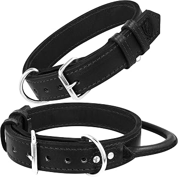 Riparo Leather Dog Collar with Rolled Leather Handle - Heavy Duty Dog Collars for Large and Extra Large Dog Breeds L 1.5 Wide for 18 - 22 Neck, Black