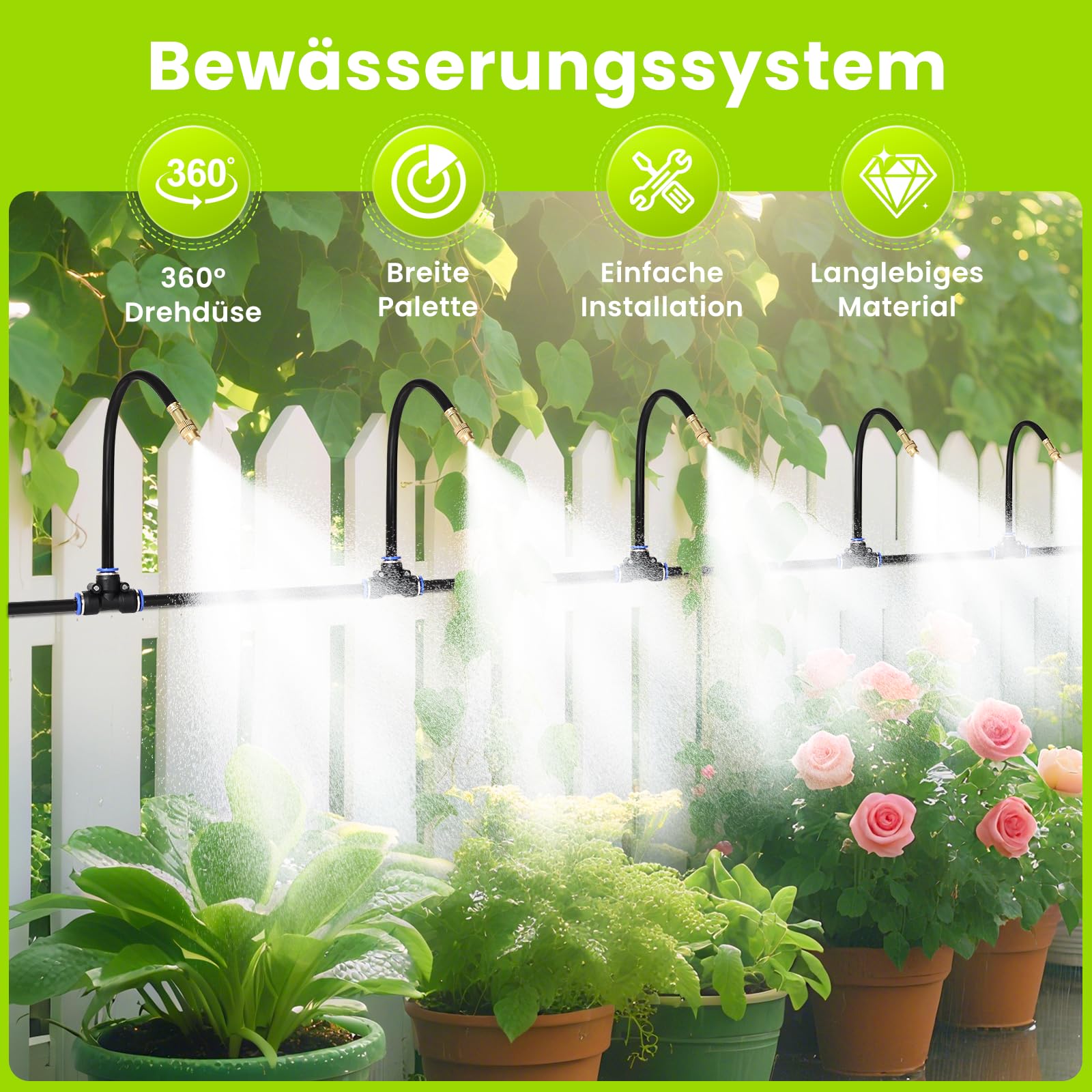 Sistema di irrigazione, irrigazione a 360°, a risparmio energetico, per giardino, serra, balcone, giardino, aiuola rialzata e fioriera (tubo 20 m)