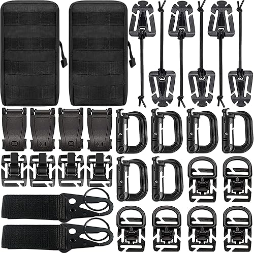 Molle Accessories Kit de 30 accesorios, anillo en D Grimloc bloqueo engranaje clip web dominator cuerdas elásticas hebilla para correas de 1 pulgada