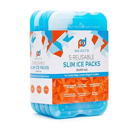 MOJECTO Large Slim Leakproof Ice Pack (Set of 5) for Cooler Lunch Bags. Keep Food and Beverages Cold for Hours. Reusable, Long-Lasting, Freezer-Safe.