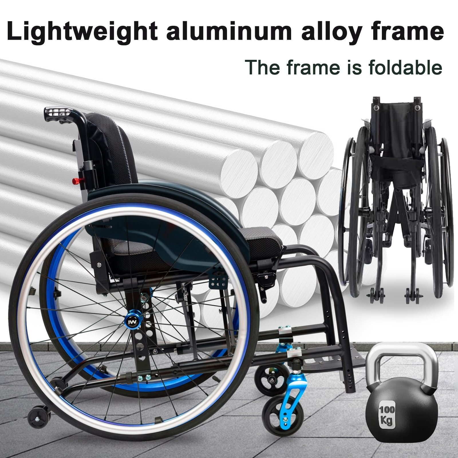 Wózek inwalidzki ze stopu aluminium, lekki, dla dorosłych, wyposażony w opony terenowe, zdejmowany podnóżek (szerokość siedziska: 38 cm)