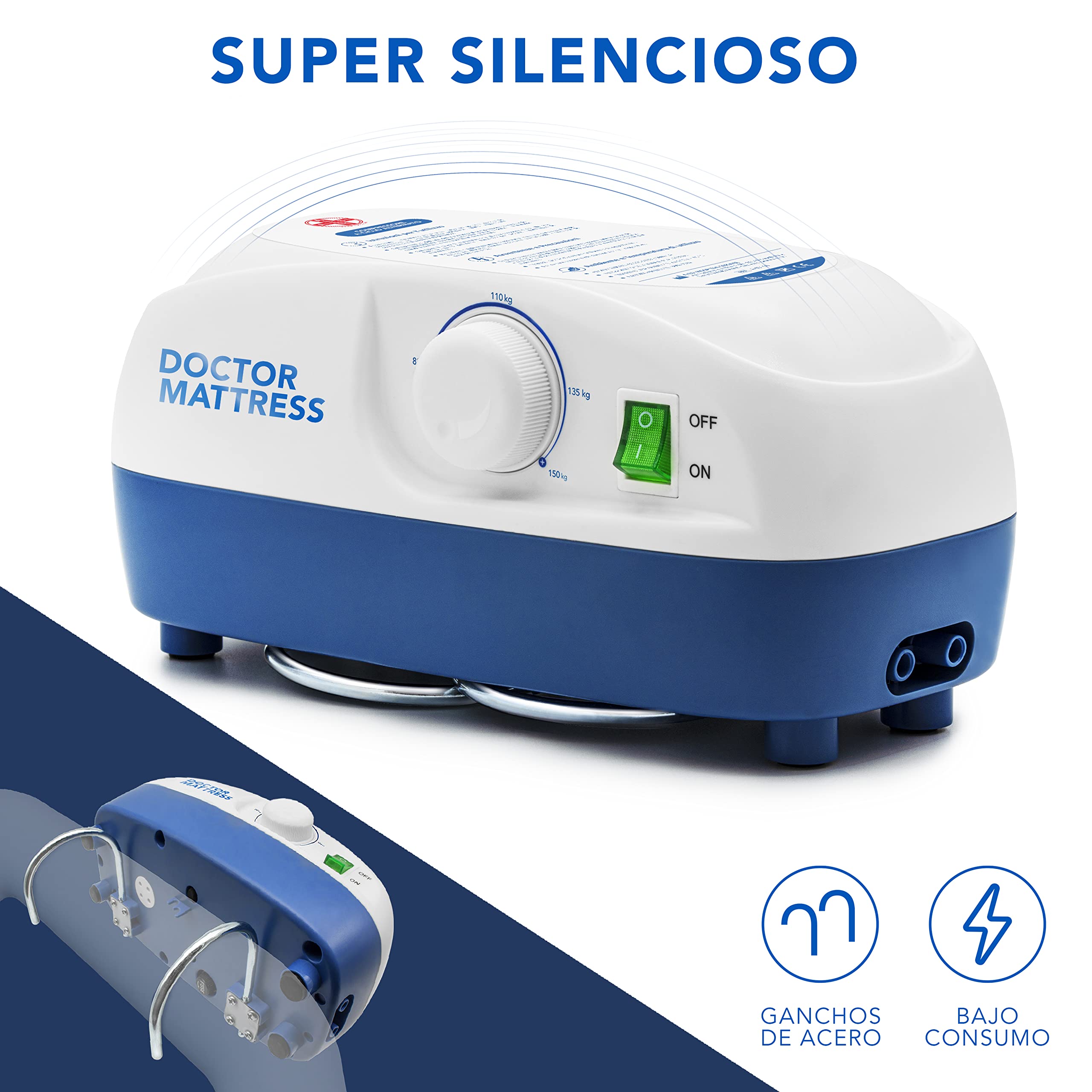 AIESI® Compresor Regulable de Ciclo alterno para colchón antiescaras, Ganchos de Acero, Garantía 24 Meses
