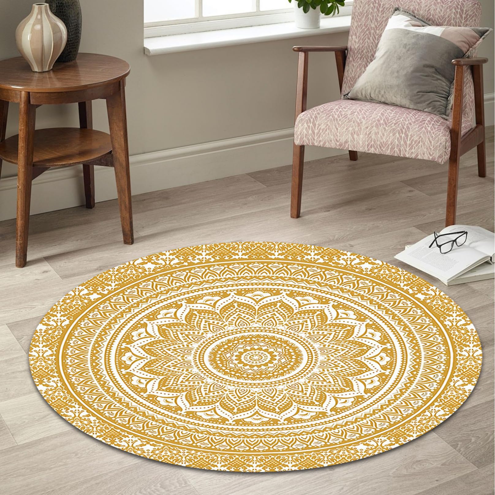 Tapis Boho Rond, Tapis Mandala Confortable de 4 Pieds, Rond Lavable, Circulaire antidérapant pour Chambre à Coucher, Salon, Salle de Jeux