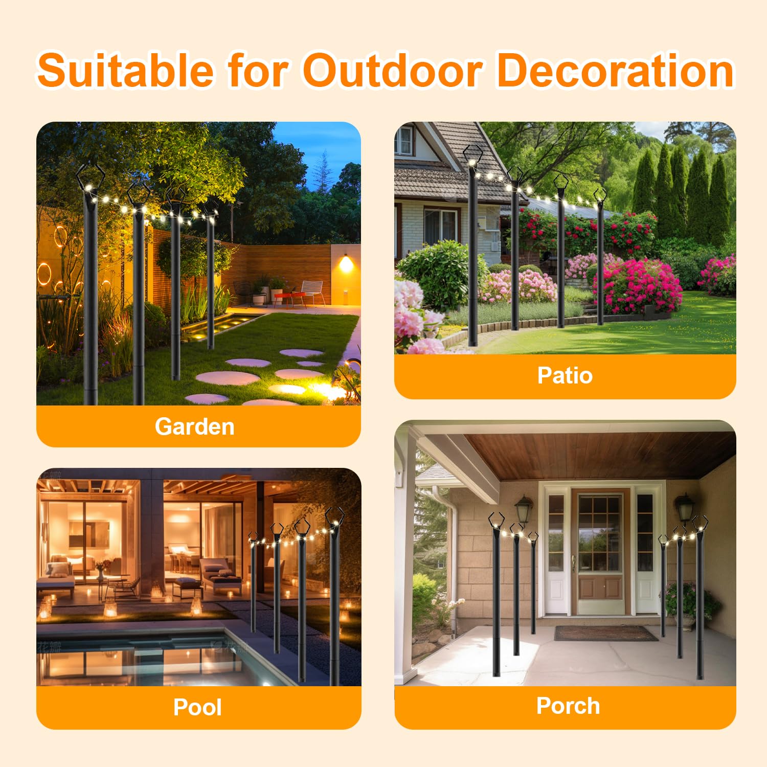 4 postes de luz de cadena, postes de luz de hierro resistente de 10 pies para exteriores con tenedor, poste de altura ajustable para exteriores, jardín, patio, terraza, patio trasero