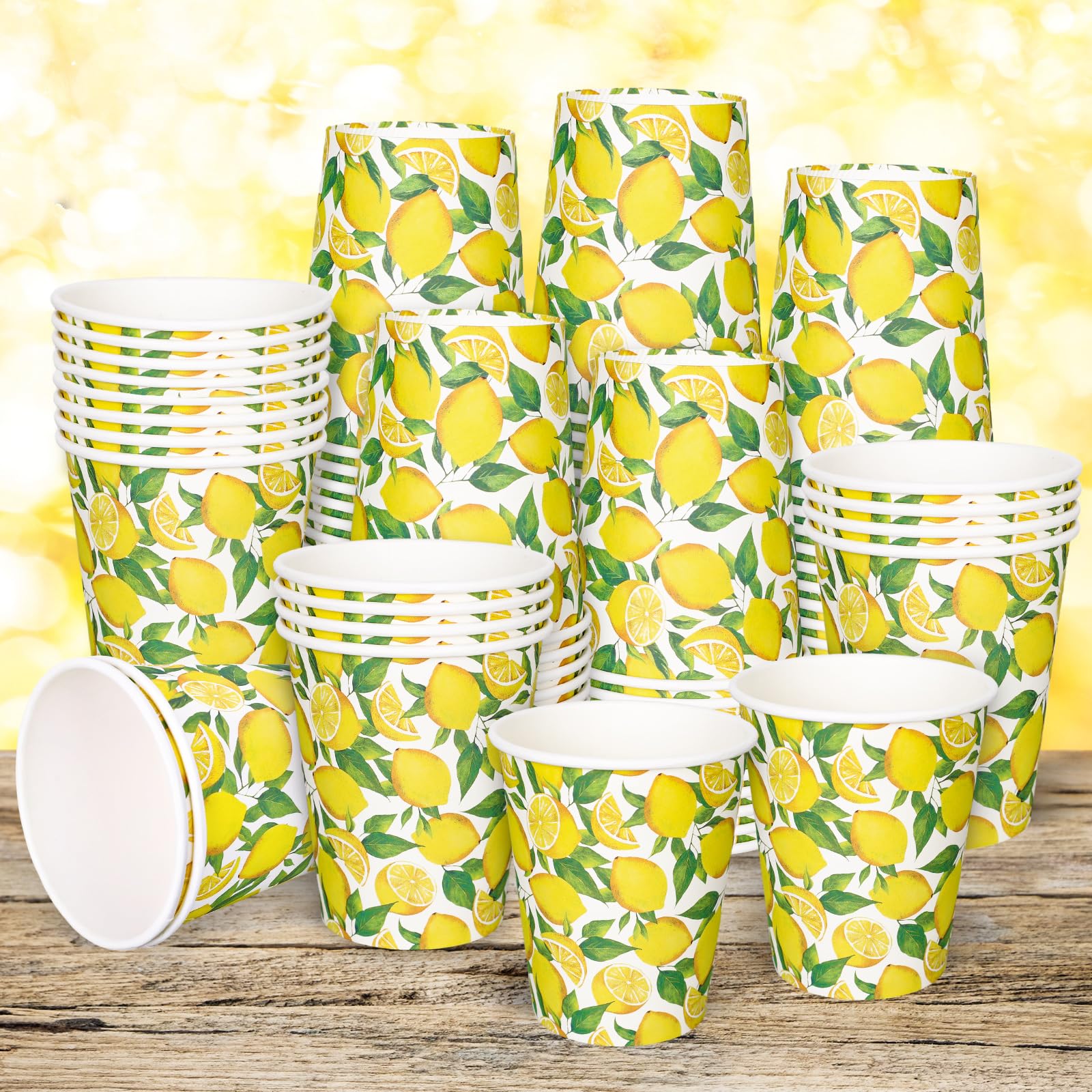 Whaline 100 Pcs Summer Lemon Paper Cups Watercolor Yellow Lemon Fruit Disposable Cups for Hot Cold Drinks Birthday Holiday Party Table Supplies, 9 Oz