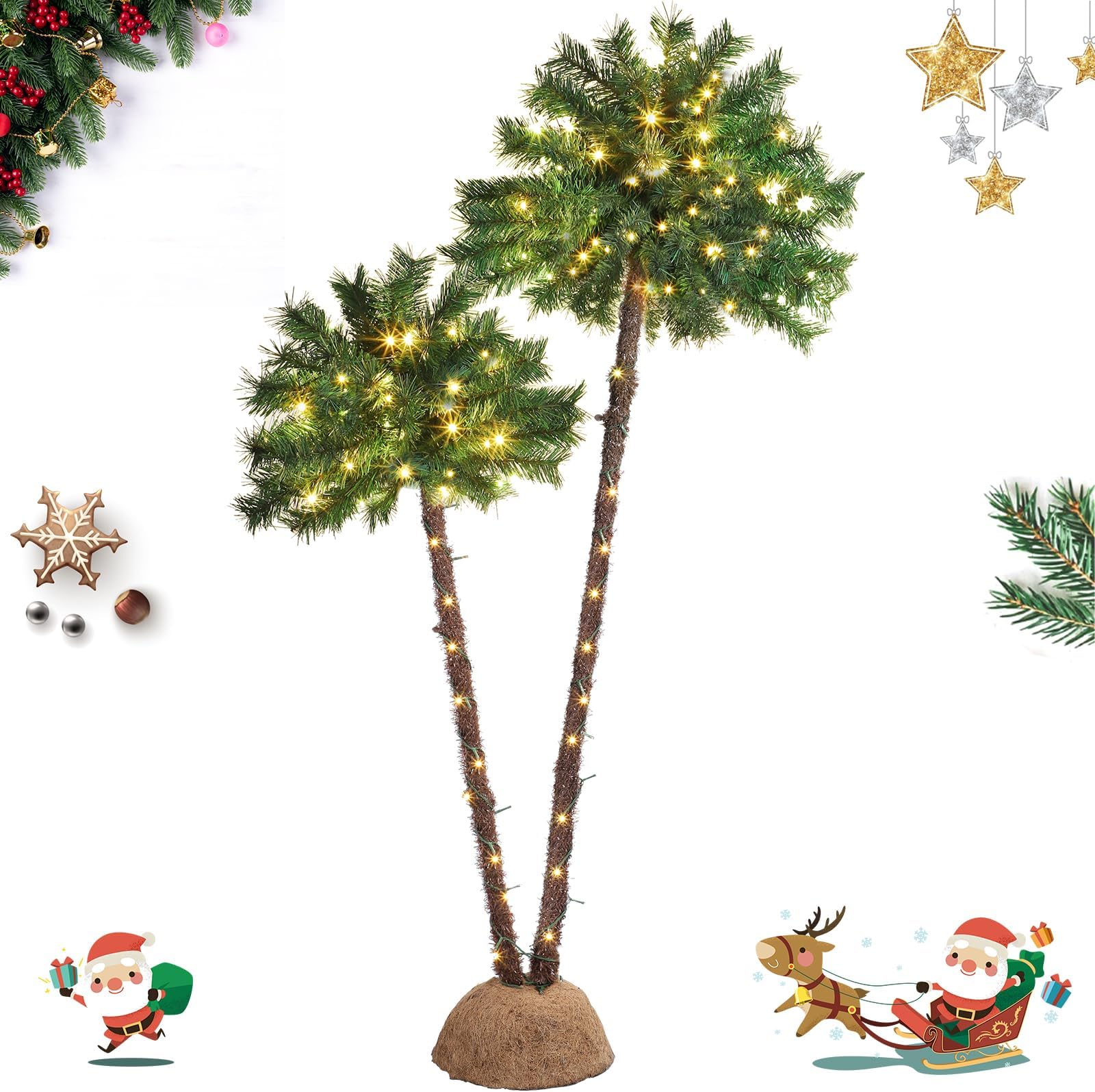 PINPON Artificial Holiday Christmas Pine Tree Pre-Lit Christmas Palm Tree with Lights 4.9 FT+6.2 FT Double-Trunk Lighted Tropical Xmas Tree for Party Home Office Indoor Outdoor Decor