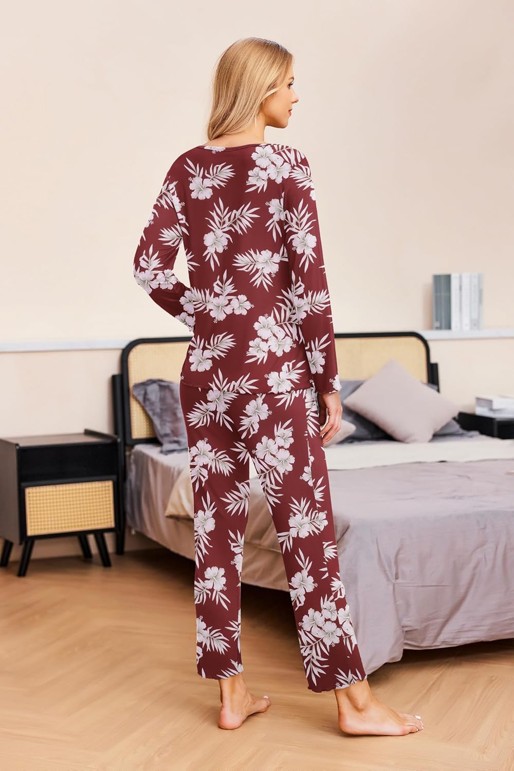 Ekouaer Womens 2 Pack Pajama Set Long Sleeve Pajamas Top and Pants V Neck Pjs Set Soft Sleepwear Loungewear - Image 5