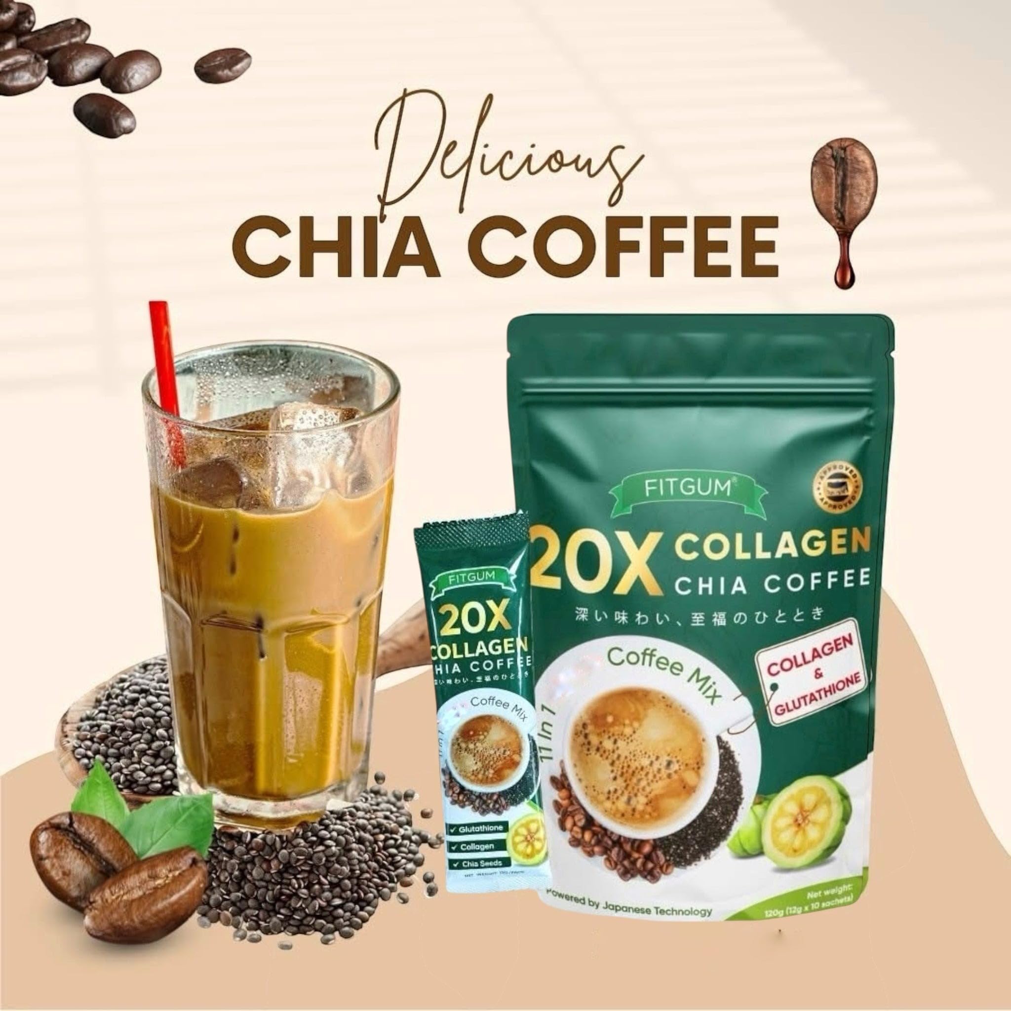 FITGUM 20X Collagen Chia Coffee Mix – 10 Sachets – with Chia Seeds