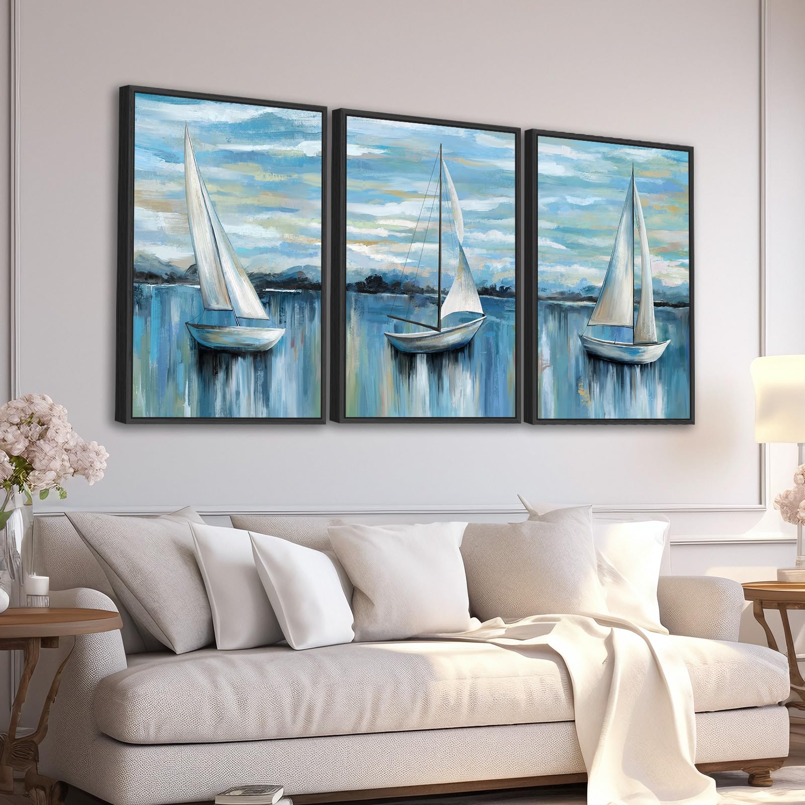 Large Framed Sailboat Wall Art - Tranquil Beach Wall Decor 16"x24" Set of 3 Blue Coastal Wall Art Prints Nautical Ocean Painting Modern Cloudy Lake