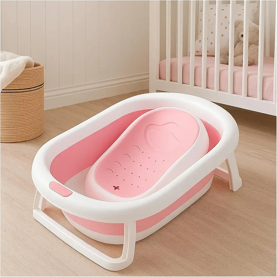 PIPDIP Kit Banheira Dobrável 2 em 1 para Bebê, Capacidade de até 44 Litros, Com Encosto, Portátil, Plástico e Borracha, Branco e Rosa.