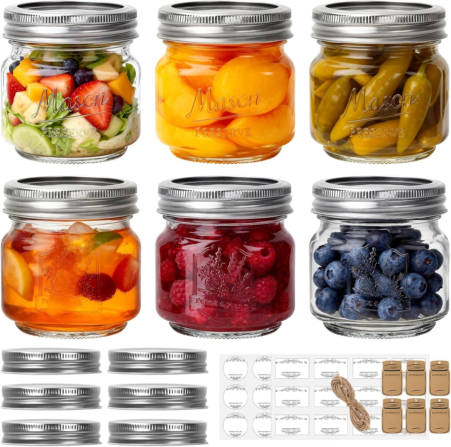 Eathtek 6 Pack 8 oz Glass Mason Jars with Regular Lids, 240 ml Canning Jars