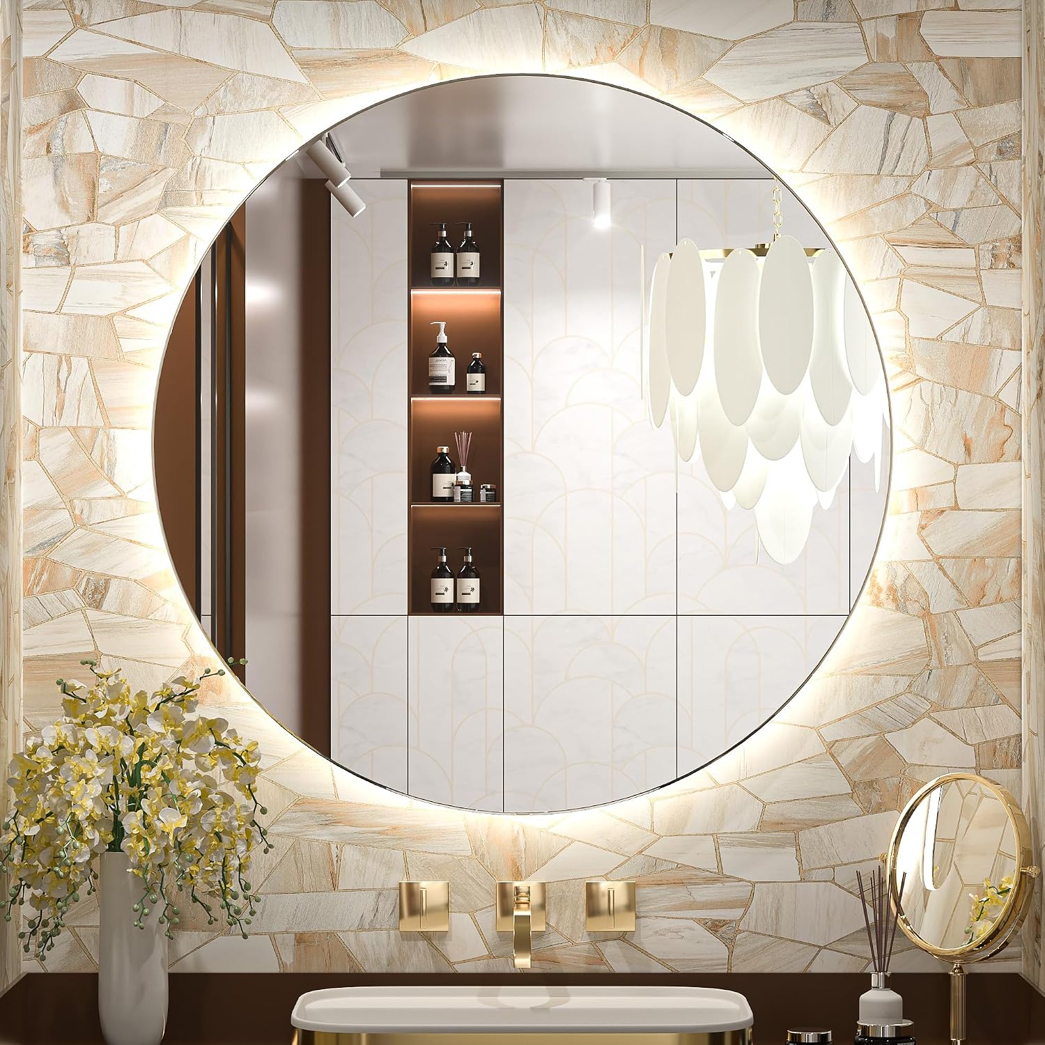 Keonjinn 30 Inch Round Backlit Mirror Bathroom, Safer HD Tempered Glass | 3 Color Lights, Quick Defogging, Dimmable, Memory Function, Hardwired/Plug in, Powder Room, Living Room Lighted Round Mirror