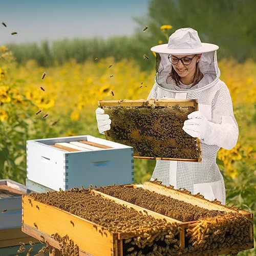 Miniatura 7 de Traje de abeja ventilado, traje de abeja de 3 capas para hombres y mujeres, traje protector de apicultura a prueba de picaduras con guantes, 2 velos