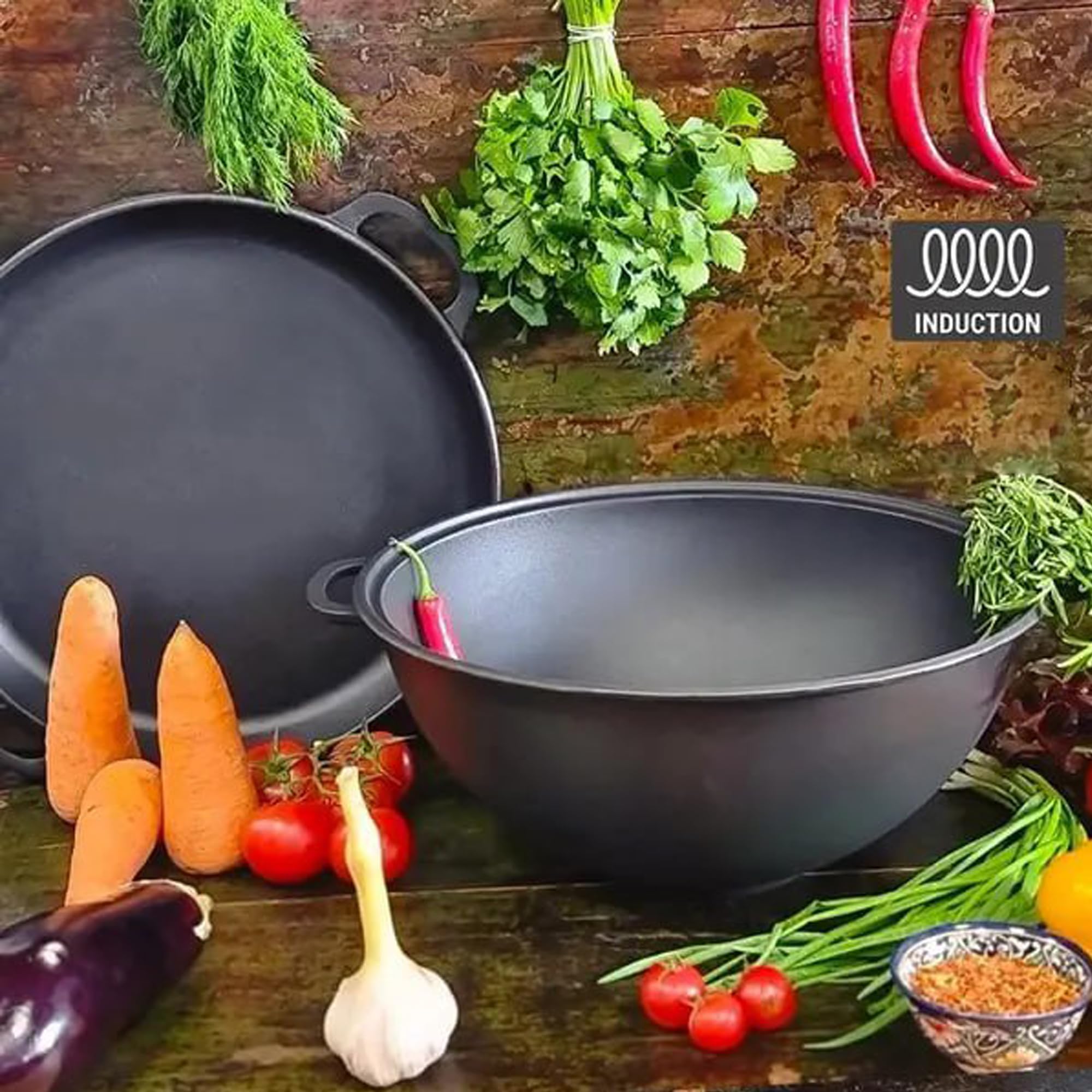 Dutch Oven Pot with Lid (15.8 Quarts (15 L) Frying Pan Lid) – Maysternya Cast Iron Cookware Set – Camping Dutch Oven - Uzbek Kazan – Premium Camping Cookware – 2 in 1 Frying Pan + Cauldron