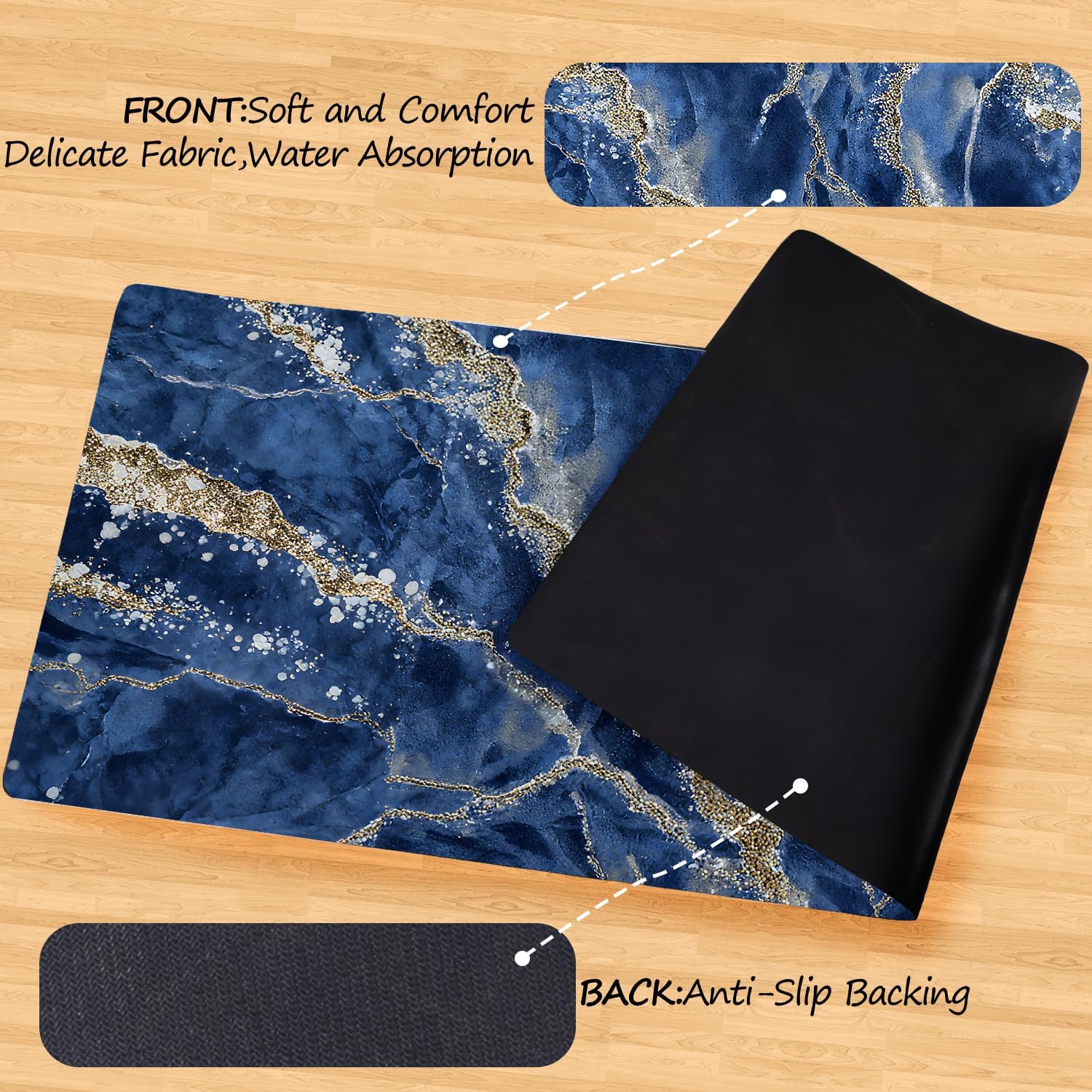 ANNA QUEEN Navy Blue Gold Vein Marble Laundry Room Rug Runner 20x47 Inch -Waterproof Non-Slip Floor Mat for Front Load Washer Dryer,Luxury Modern Decor,Machine Washable