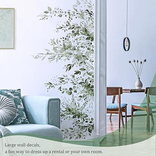 Miniatura 7 de VePret Calcomanías de pared de hojas de plantas verde oliva, despegar y pegar, calcomanías de pared de vinilo de hojas de flores grandes, vid
