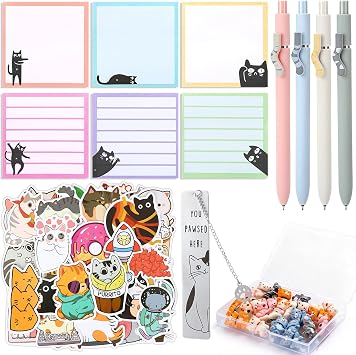 libfrnt 91Pcs Cat Stationery Set 4 Gel Pens 1 Titanium Steel Bookmark 6 Sticky Notes 50 PVC Stickers 30 Resin Push Pins Cute School Office Supplies Desk Accessories for Women Girls Kids