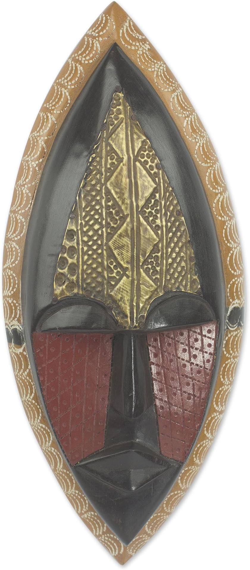 NOVICA Black and Red Sese Wood African Wall Mask with Brass Accents, 'A Peace Blessing'