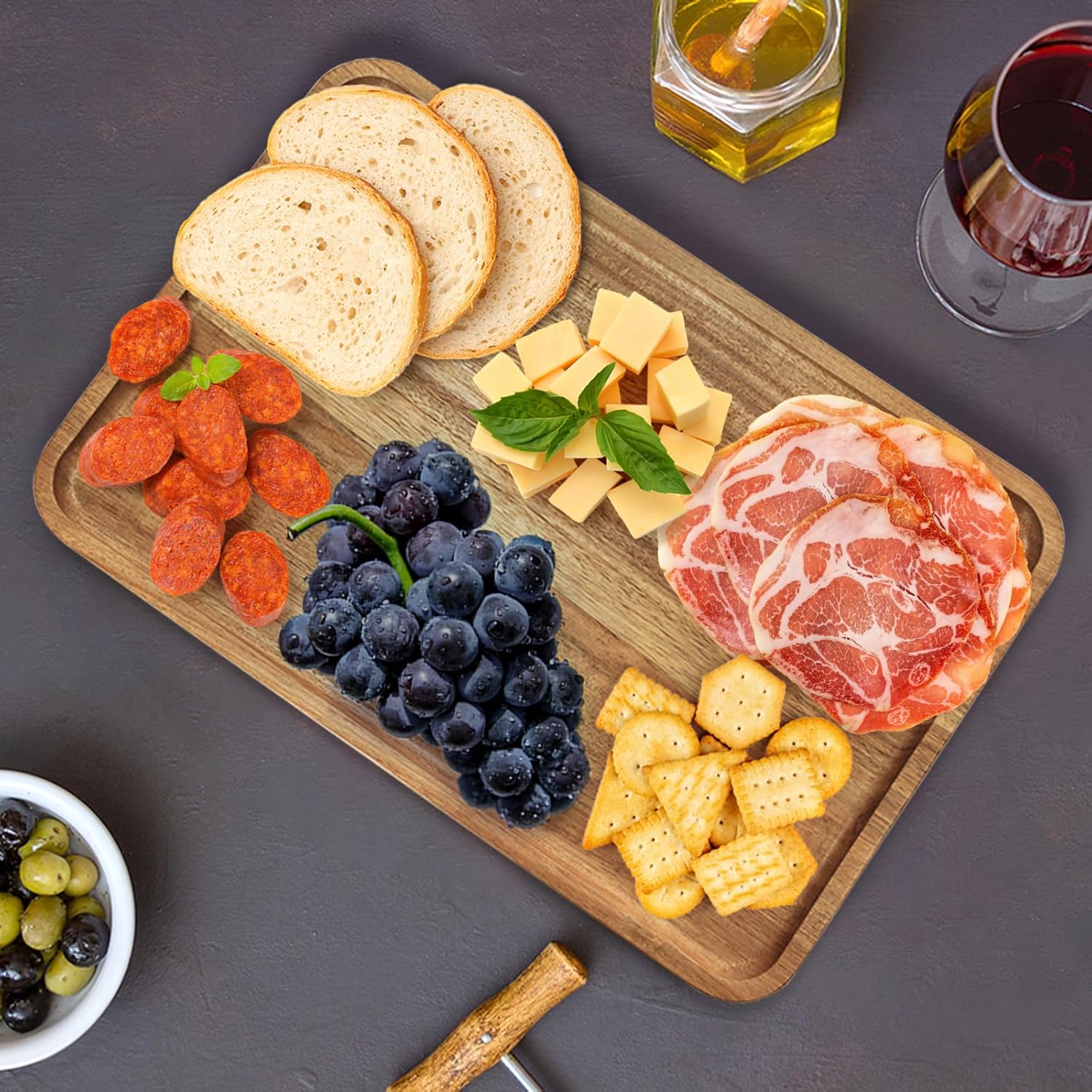 YOUEON Set of 2 Acacia Wood Serving Tray with Raised Edge, 14.2 x 9.5 Inch Rectangular Serving Tray, Appetizer Cheese Plate, Sandwich Dessert Trays, Wood Plates for Food, Coffee, Fruit, Cookie - Image 7