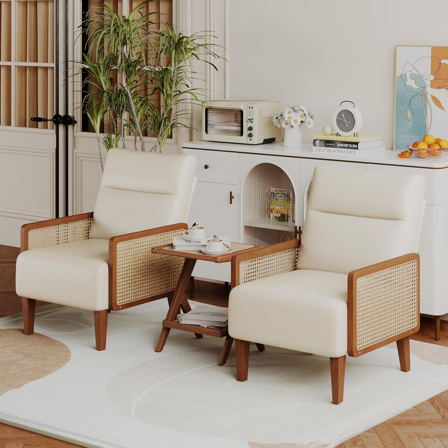 Mid Century Accent Chair Set of 2, Wooden Leisure Armchair with Rattan Armrest, Boho Modern Comfy Reading Chair, for Living Room Bedroom Lounge Side Club Chair，Beige