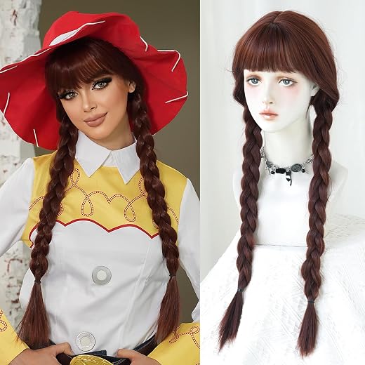 7JHH Long Ponytail Wig 30in Halloween Lolita Double Ponytail Braid for Women - Brown With Rose Pink Highlight - Cosplay Party High Temperature Heat Resistant Fiber Natural Hairline