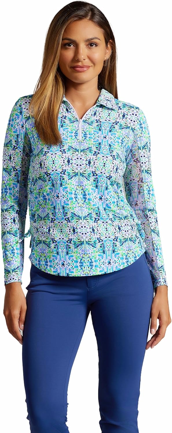 IBKUL Athleisure Wear Sun Protective UPF 50+ Icefil Cooling-Ridley Print Adjustable Length Long Sleeve Polo-48089