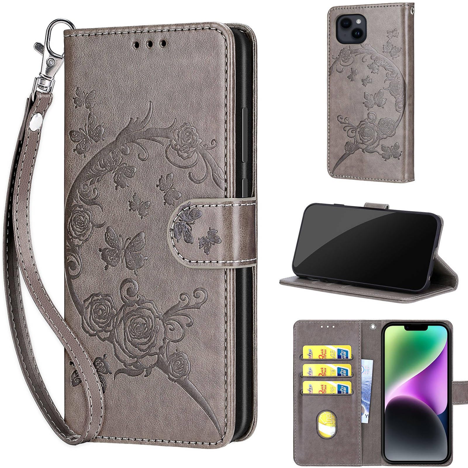 KENHONER Designed for iPhone 15 Plus Case Wallet,Women Flip Folio Cover with Embossed PU Leather Stand Credit Card Holders Slots Wrist Strap Phone