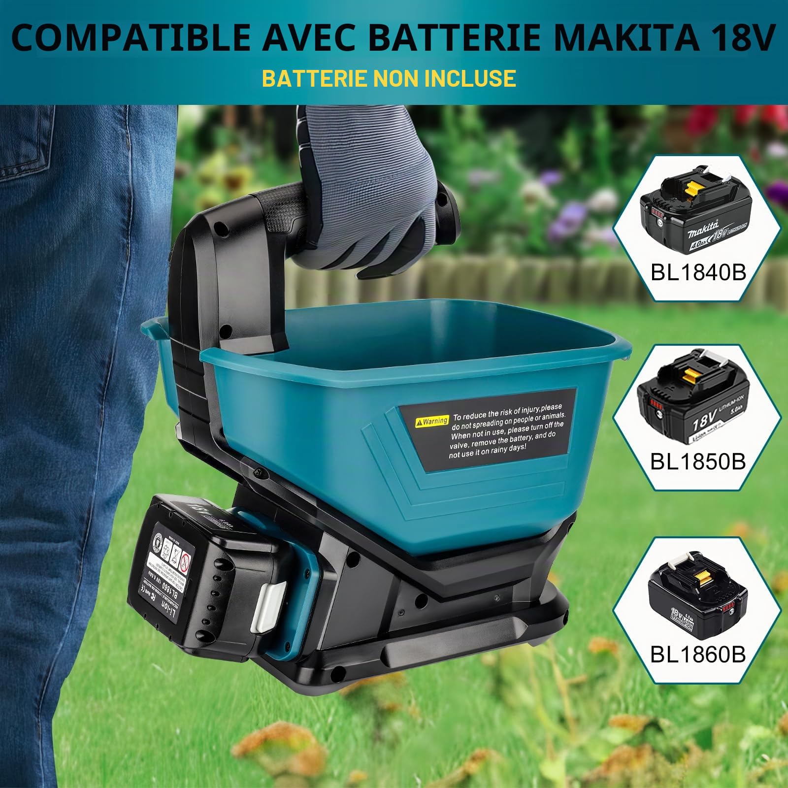 YEX-BUR Épandeur d'engrais portable pour batterie au lithium Makita 18 V, épandeur manuel avec réglage de la vitesse de rotation à 5 niveaux, 3,7 l, couvre jusqu'à 743 m² (sans batterie)