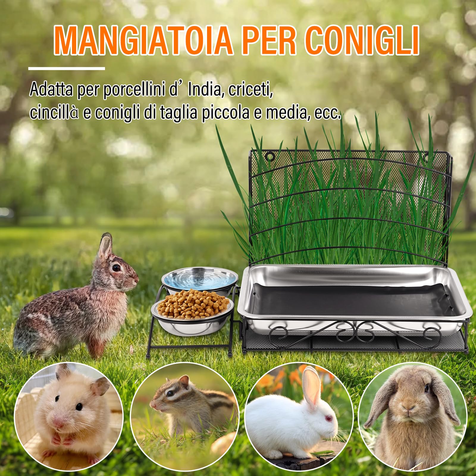 3 In 1 Porta Fieno Per Conigli, Mangiatoia Per Conigli e Lettiera con Tappetino Impermeabile e Ciotola Per L'Acqua Per Piccoli Animali Domestici Coniglio Criceto Dispensatore di Cibo