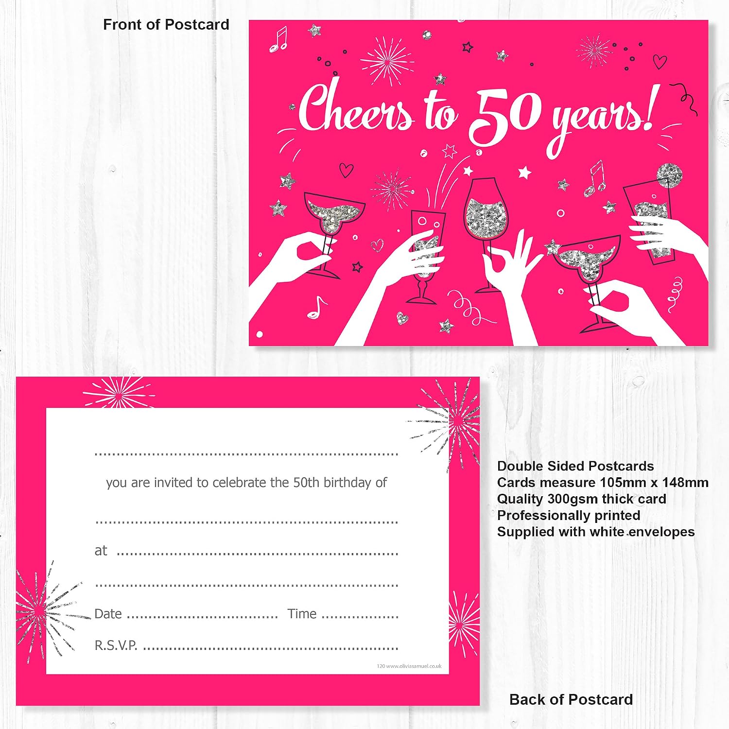 Olivia Samuel 20 x 50th Birthday Party Invitations from Cheers to 50 years - Ladies ready to write invites with envelopes - Image 3