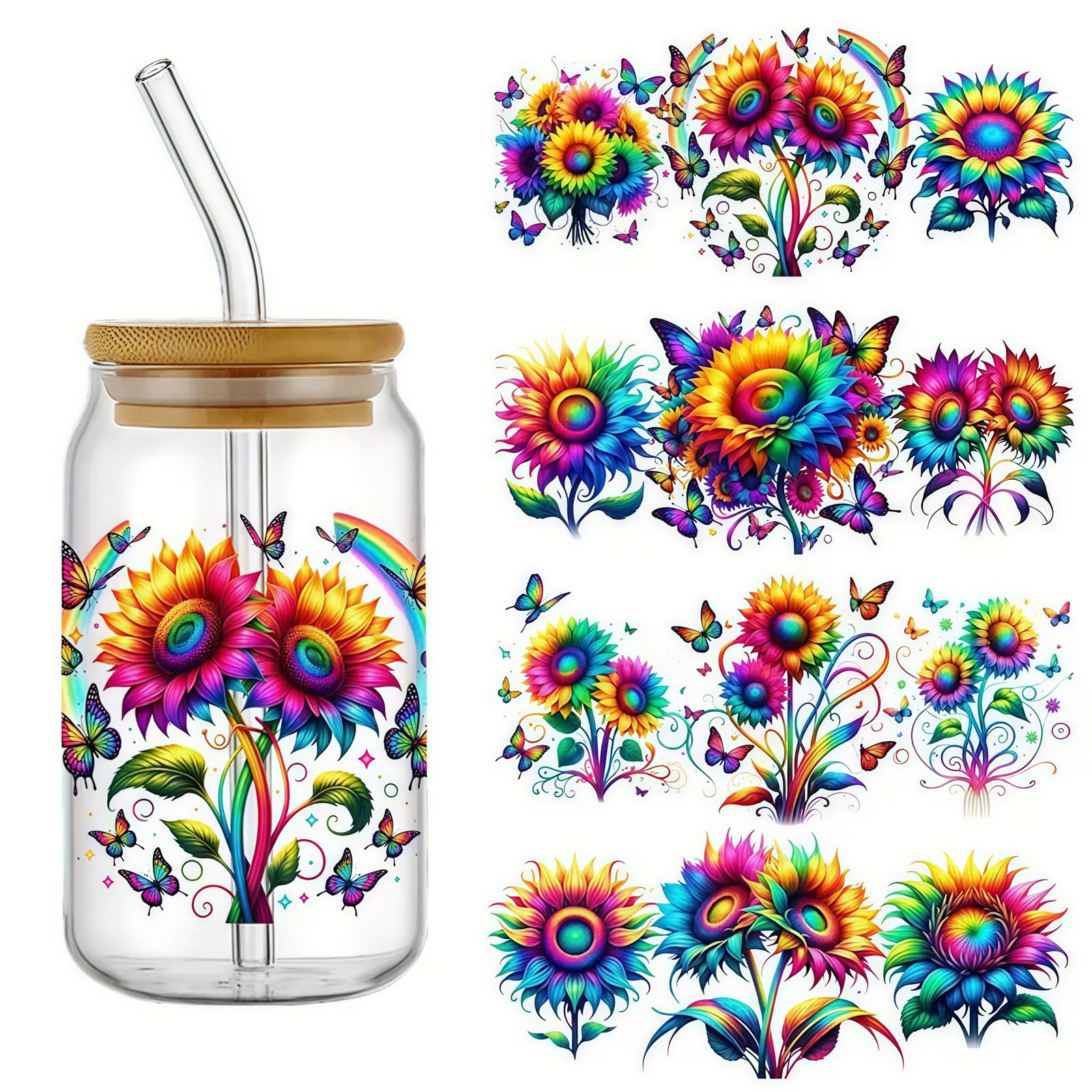 4pcs Neon Sunflower UV DTF Cup Wraps Winter UV DTF Transfer Waterproof Sticker for Glass Cups Furniture Craft DIY Crafts，Rub on Transfer Stickers for