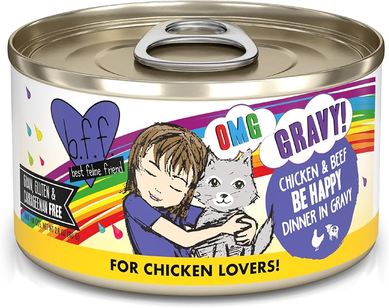 Ração úmida para gatos Weruva B.F.F. OMG Chicken & Beef Be Happy com frango e carne bovina ao molho, Pacote com 12 latas de 79 g