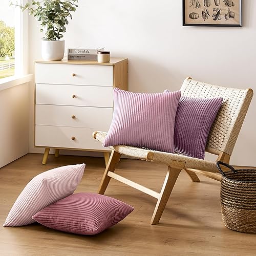 Miniatura 4 de Softalker Juego de 4 fundas de almohada decorativas de pana suave a rayas sólidas, 22 x 22 pulgadas, decoración moderna, fundas decorativas para