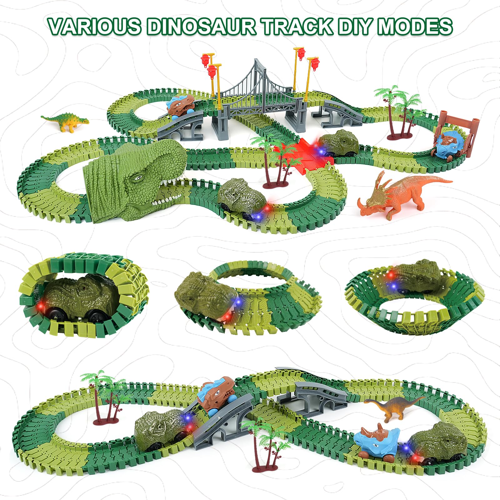 Dinosaur Track Toys for Kids - Best Birthday Gifts for 3 4 5 6 7 Year Old Boys, Flexible Race Car Track Set with Light & Sound, Create a Dino World Adventure
