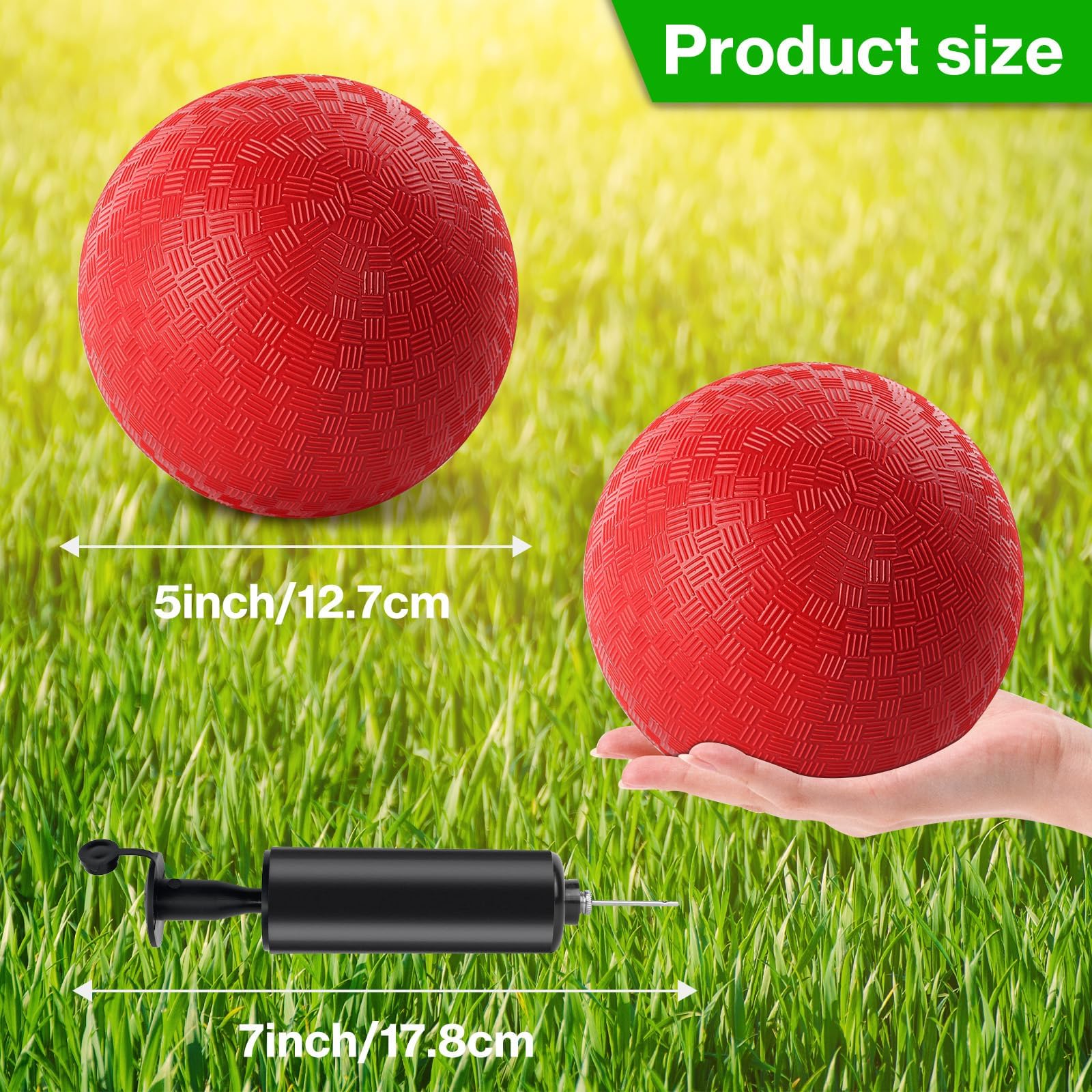 HSLCGF 12 Pcs Dodgeballs 5 Inch Playground Ball Kickball Red Inflatable Rubber Handball Bouncy Dodge Ball with 1 Hand Pump for Outdoors Ball Games Gym Camps Picnic (Needle is at The Top of The Pump)