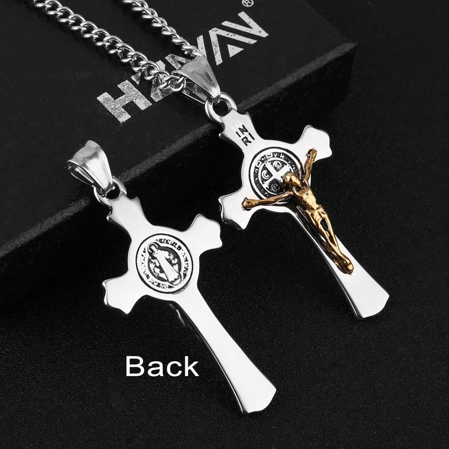 HZMAN Religion Stainless Steel Saint St St. Benedict Crucifix Cross Pendants Necklace INRI - Image 2