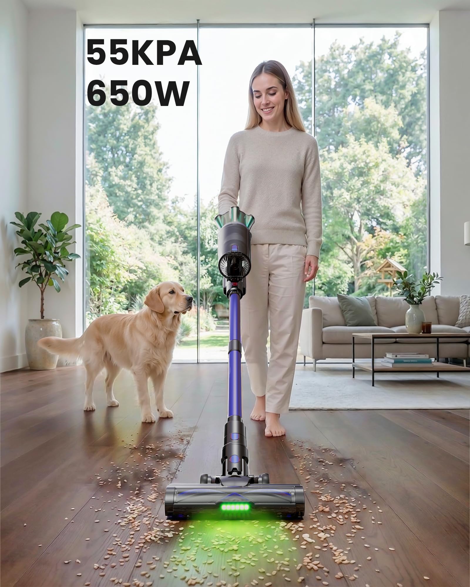 Cordless Vacuum Cleaner, 650W 55KPA 70 Mins Vacuum Cleaners with Hurricane Mode, Anti-Tangle Brush, 1.8L Dust Cup, Self-Standing Stick Vacuum Cordless for Hard Floors, Carpet & Pet Hair — view 2