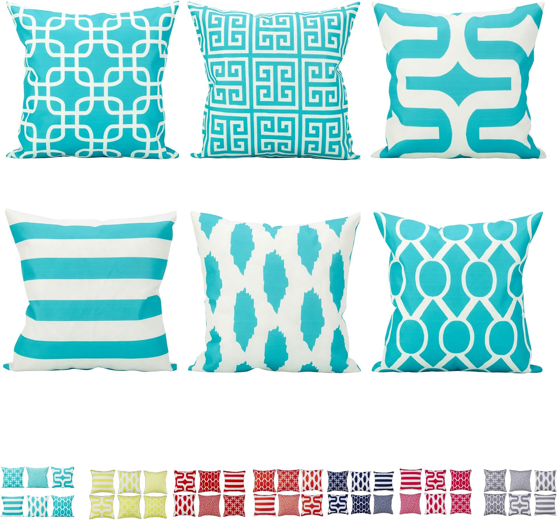 Comoco Set of 6 Coordinated Geometric Digital Printing Decorative Throw Pillow Case Cushion Cover 18" x 18" 45cm x 45cm-Aqua