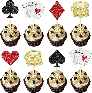24 PCS Casino Poker Theme Cupcake Toppers Glitter Poker Game Chips Player Las Vegas Casino Cupcake Picks for Las Vegas Casino Night Poker Theme Birthday Party Cake Decorations Supplies